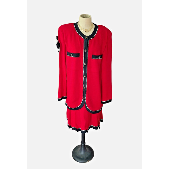 St John Marie Gray 2pc Blazer Skirt Set Womens Size 14 Red USA Buttons STUNNING - Picture 2 of 15